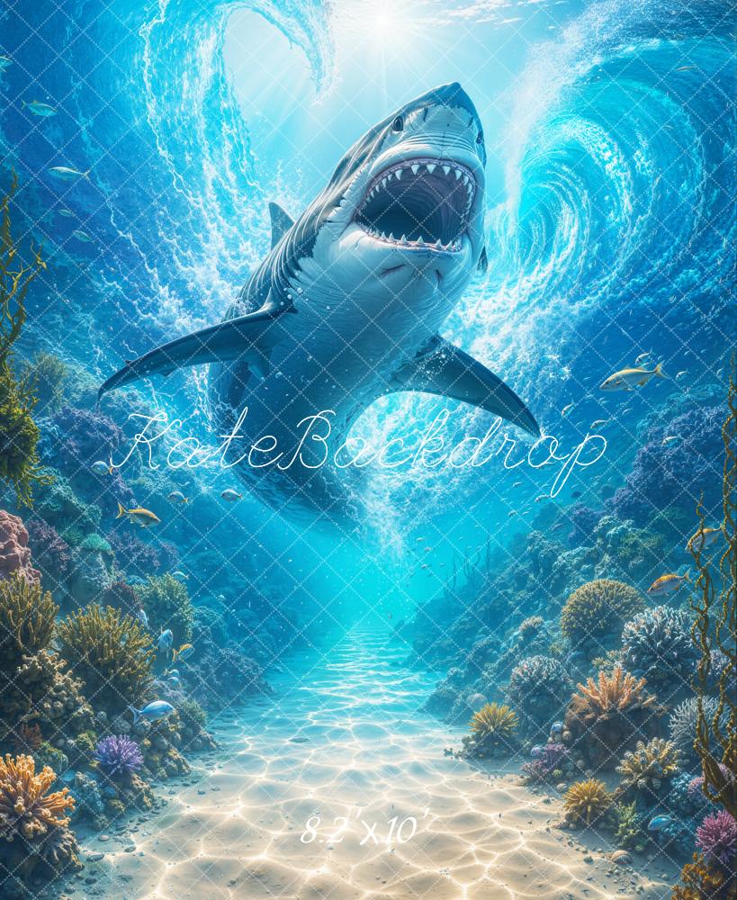 Kate Underwater Ocean Shark Coral Reef Adventure Printed Backdrop Designed by Emetselch