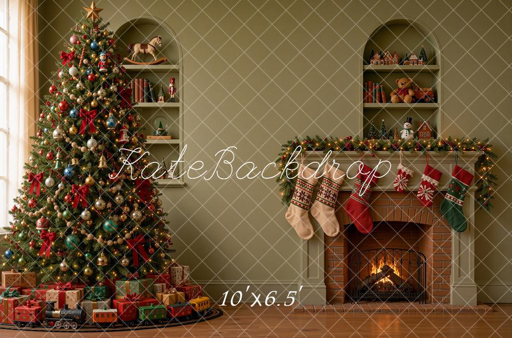 Kate Christmas Tree Fireplace Mantel Stockings Green Printed Backdrop Designed by Shutter Swan Studios