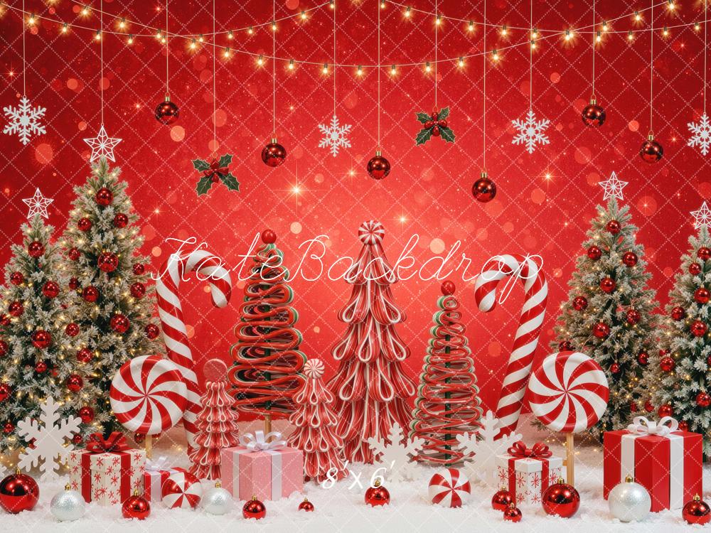 Kate Christmas Tree Red Candy Cane Gifts Snowflakes Holiday Printed Backdrop Designed by Mini MakeBelieve