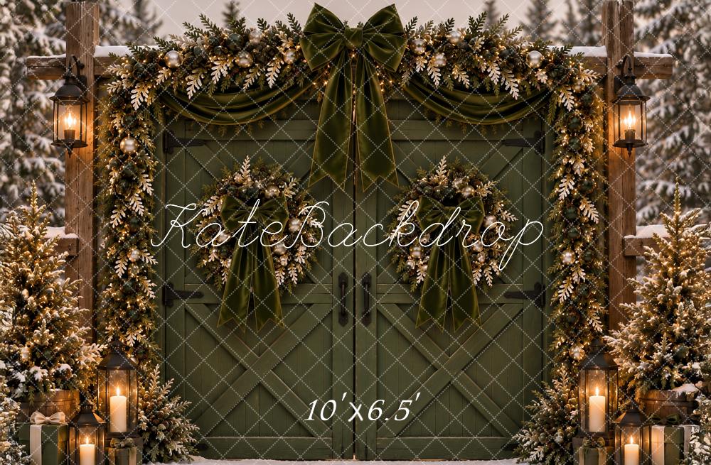Kate Christmas Green Barn Door Garland Velvet Bow Snow Printed Backdrop Designed by Ashley Paul