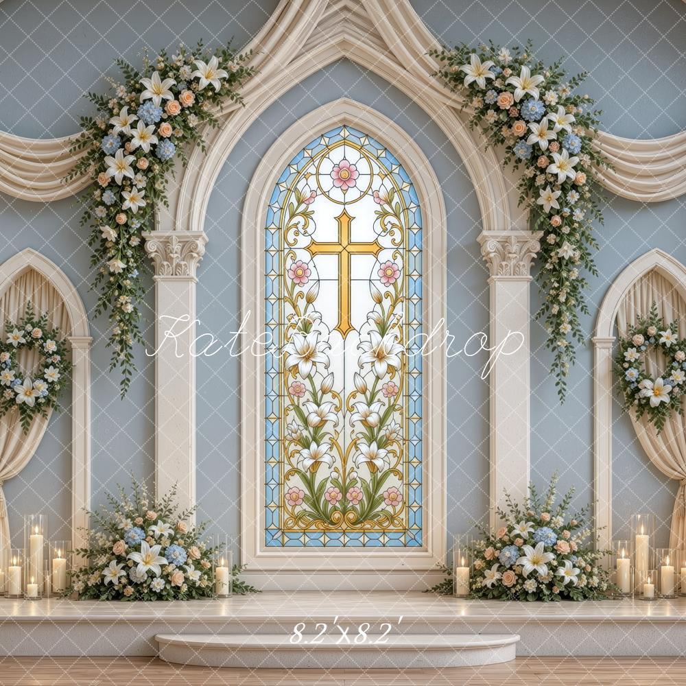 Kate Christian Church Sanctuary Stained Glass Cross Floral Printed Backdrop Designed by Ashley Ward