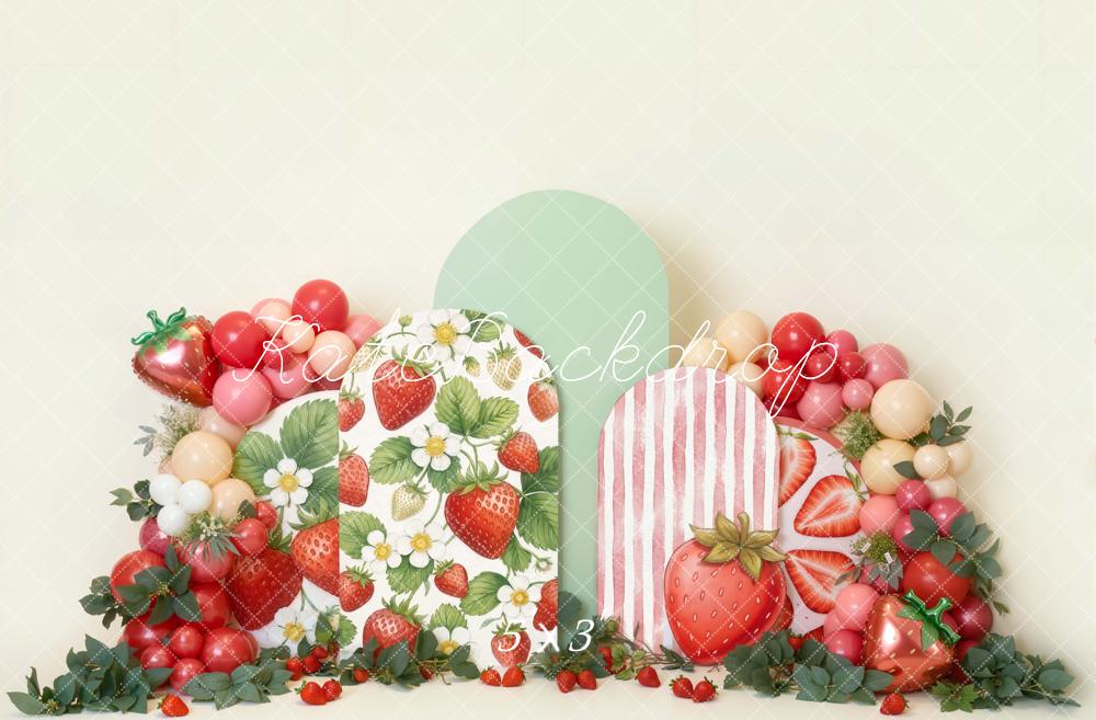 Kate Cake Smash Strawberry Balloon Arch Greenery Printed Backdrop Designed by Emetselch