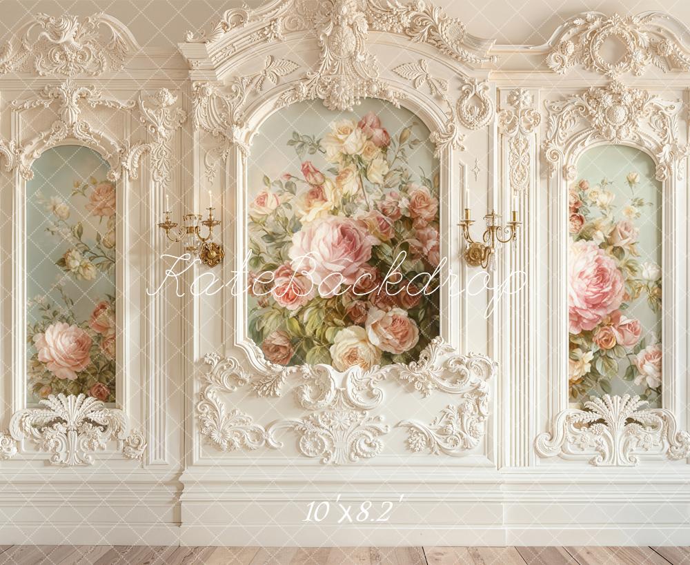 Kate Cream Baroque Vintage Wall Floral Roses Backdrop Designed by Emetselch