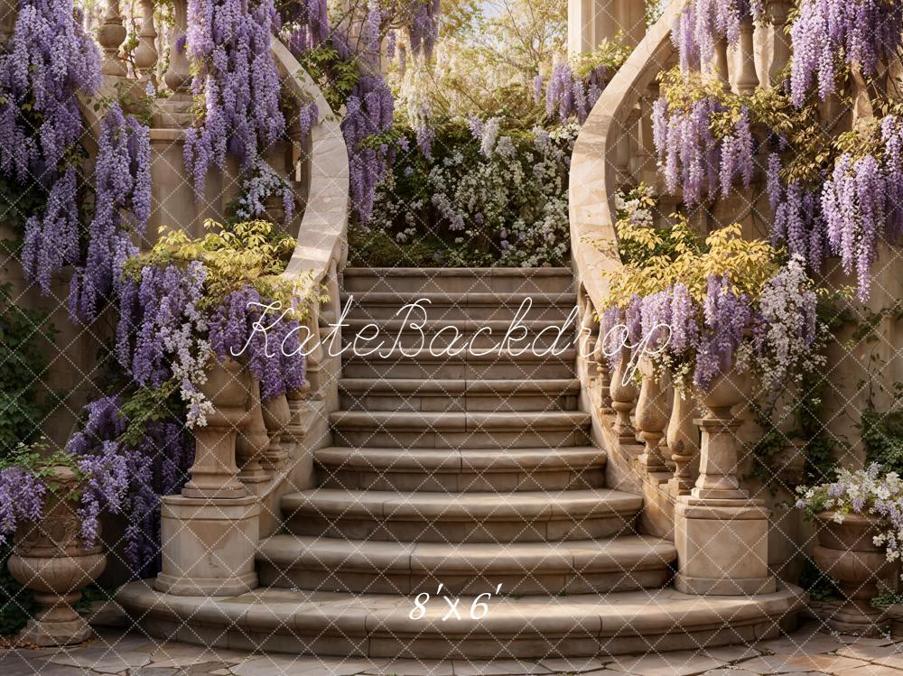 Kate Spring Cascading Stairs Purple Wisteria Garden Backdrop Designed by Emetselch