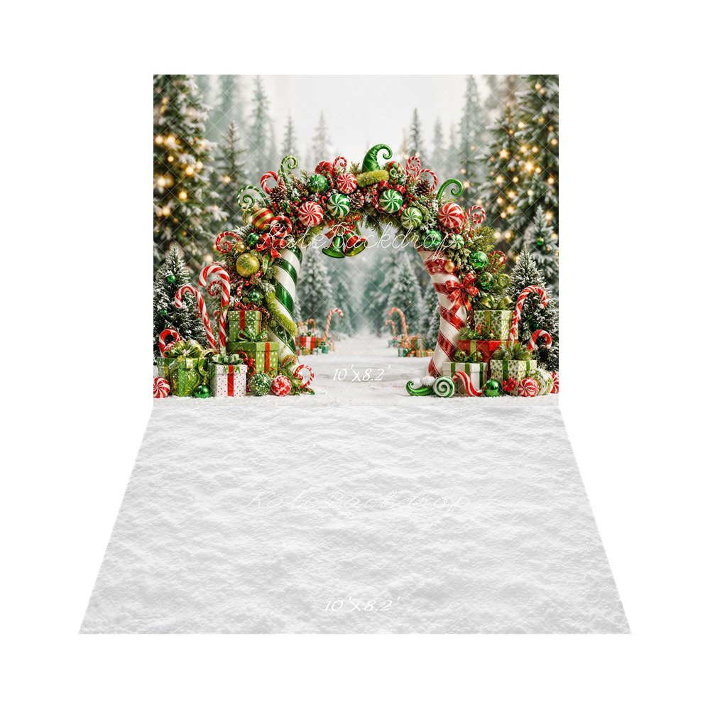 Kate Christmas Fantasy Green Candy Arch Forest Presents Printed Backdrop+White Snow Abstract Texture Printed Backdrop