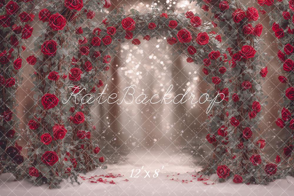 Kate Valentine's Day Flower Arch Red Roses Bokeh Backdrop Designed by Angela Miller