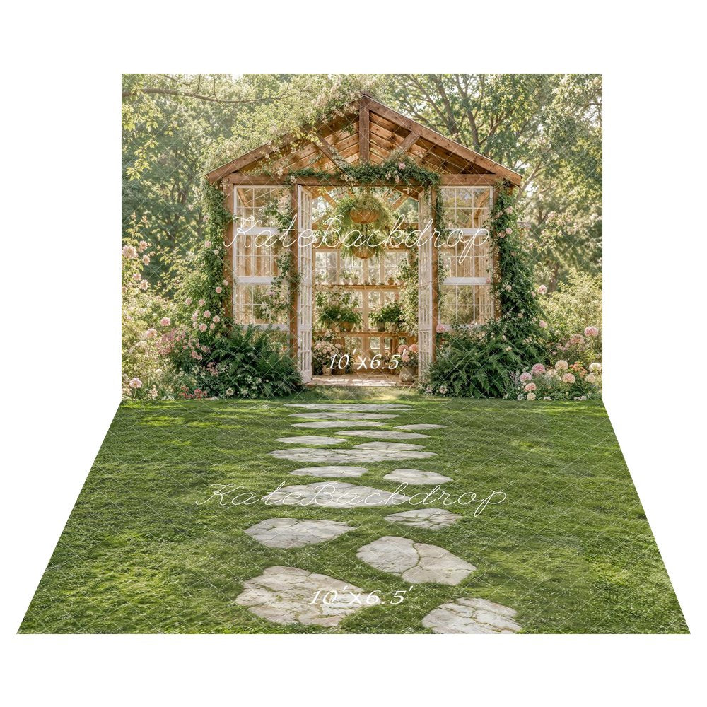 Kate Summer Flower Arch Greenhouse Garden Printed Backdrop+Stone Pathway on Green Grass Printed Backdrop
