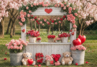 Kate Valentine's Day Flower Arch Pink Roses Heart Balloons Teddy Bears Printed Backdrop Designed by Emetselch