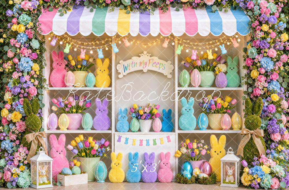 Kate Easter Flower Pastel Bunny Shop Eggs Colorful Printed Backdrop Designed by Mini MakeBelieve