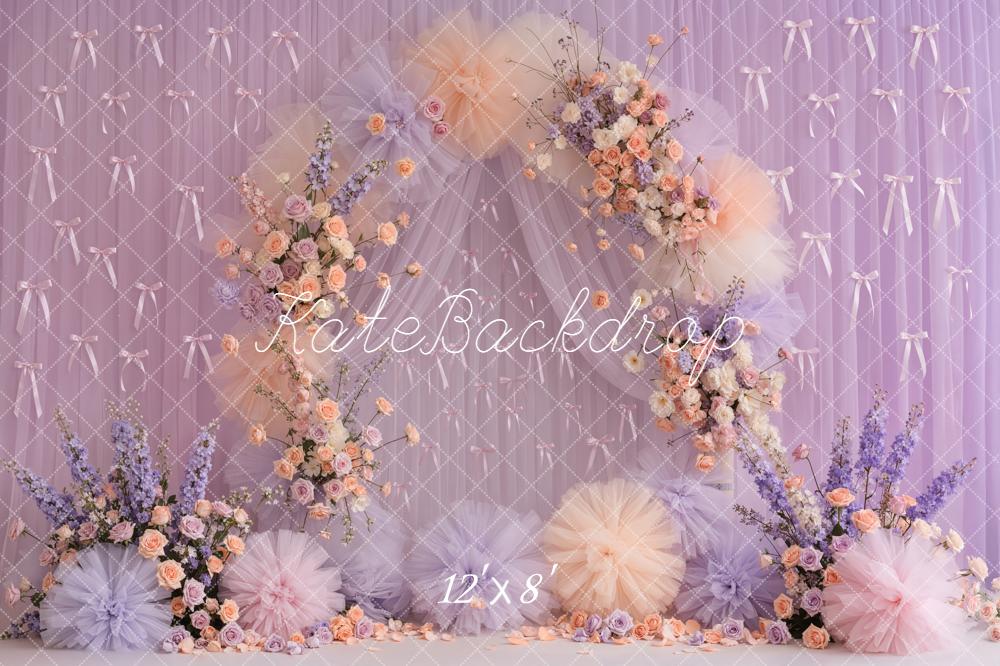 Kate Mother's Day Flower Arch Pastel Tulle Bows Purple Roses Backdrop Designed by Emetselch