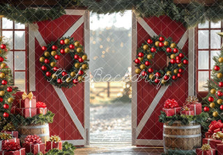 Kate Christmas Red Barn Door Wreath Gifts Printed Backdrop Designed by Mini MakeBelieve