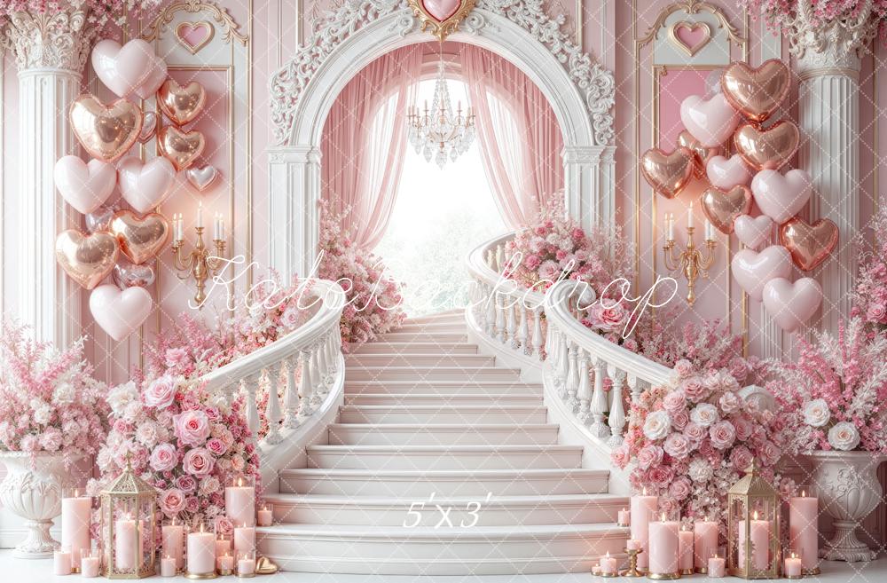 Kate Valentine's Day Staircase Pink Heart Balloon Floral Printed Backdrop Designed by Mini MakeBelieve