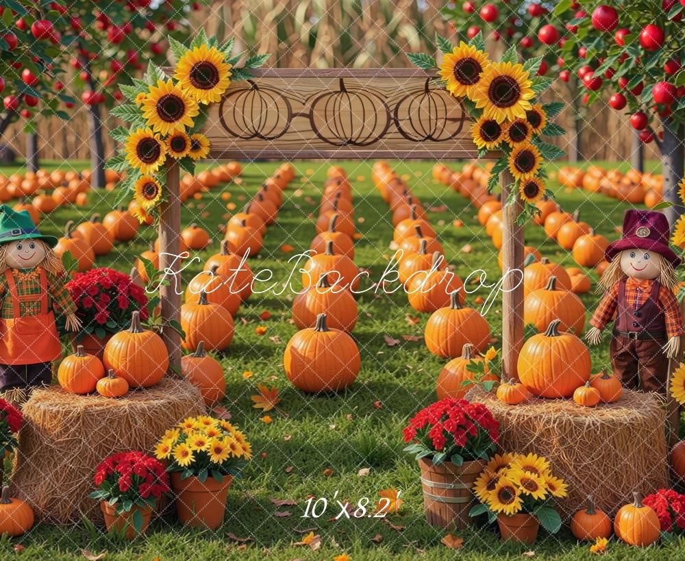 Kate Fall Pumpkin Field Sunflowers Scarecrows Hay Bales Printed Backdrop Designed by Mini MakeBelieve