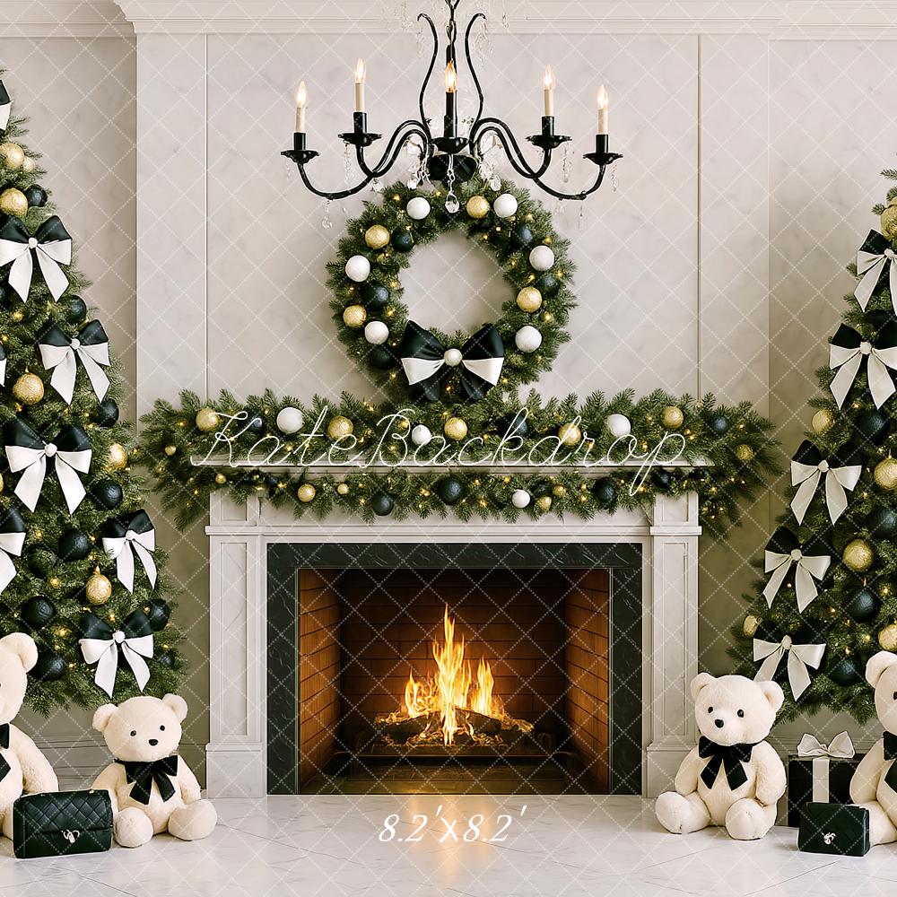 Kate Christmas Tree Fireplace Teddy Bear Bow Backdrop Designed by Ashley Paul