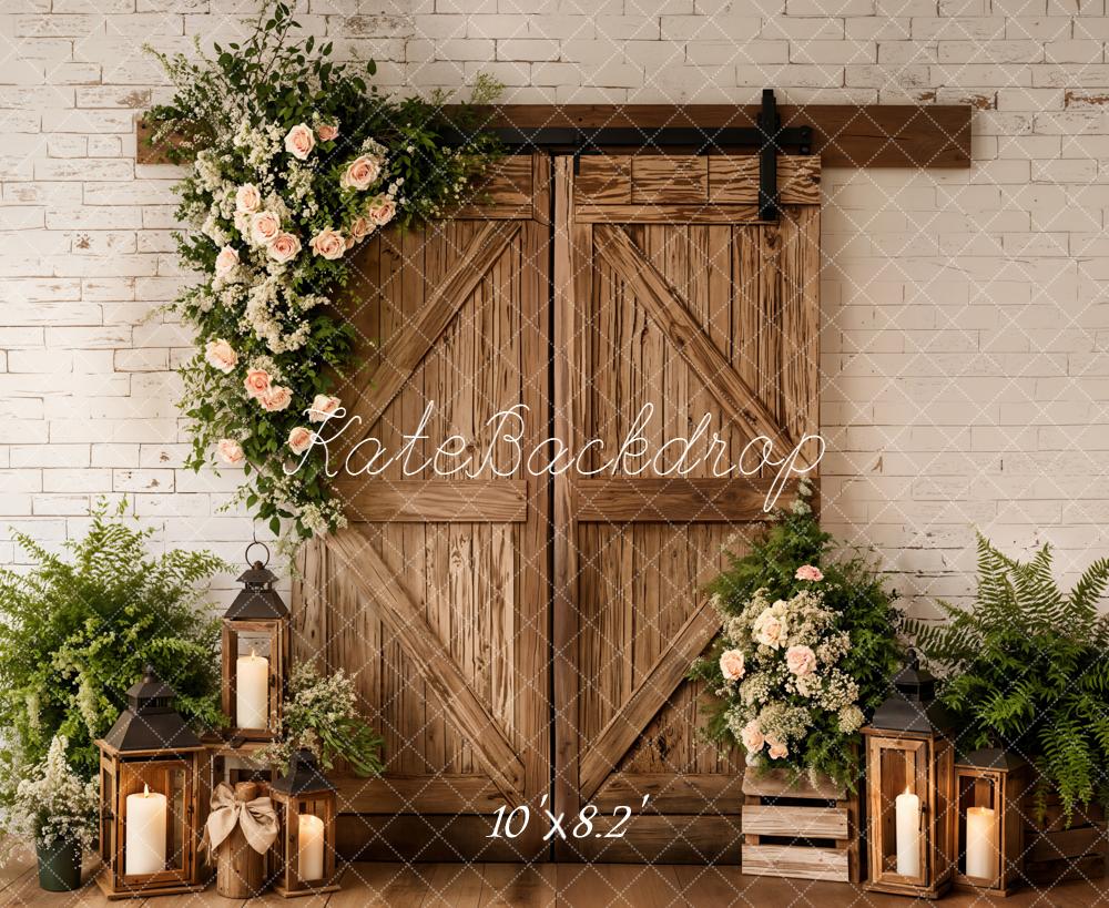 Kate Spring Barn Door Flower Arch Lanterns Greenery Backdrop Designed by Emetselch