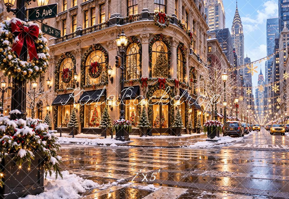 Kate Christmas New York City Street Snowy Cityscape Crosswalk Printed Backdrop Designed by Jordan Moon