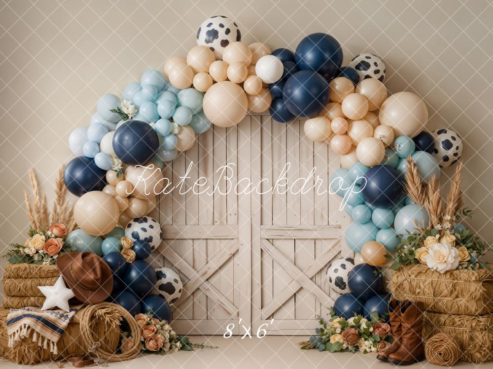 Kate Cake Smash Western Barn Door Balloon Arch Hay Bales Printed Backdrop Designed by Emetselch