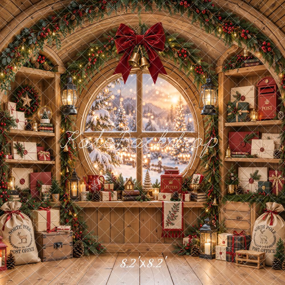 Lightning Deal Kate Christmas Rustic Workshop Gifts Circle Arched Window Bow Printed Backdrop Designed by Emetselch
