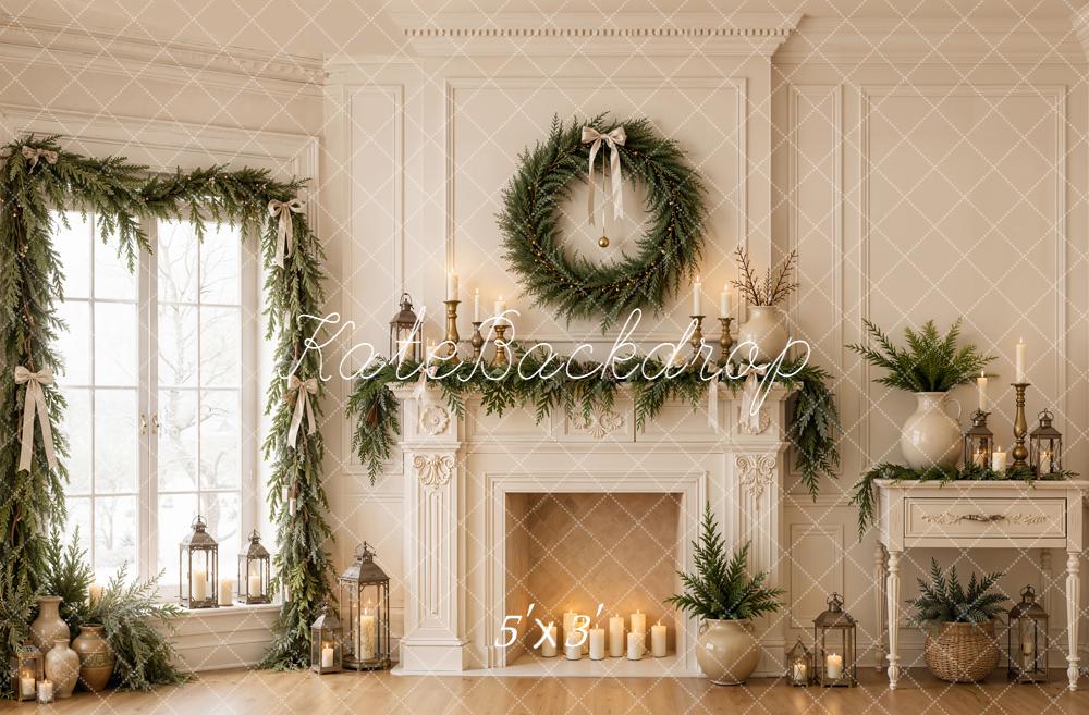 Kate Christmas Fireplace Corner Window Wreath Garland Candles Printed Backdrop Designed by Emetselch