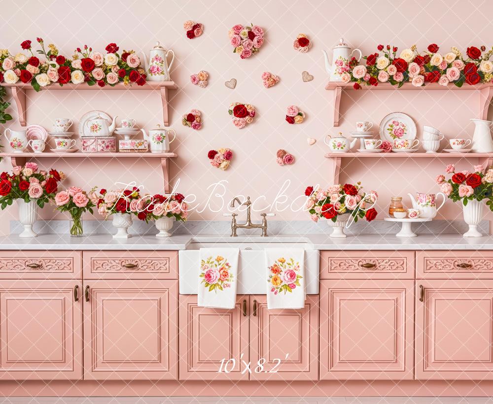 Kate Valentine's Day Pink Flower Arch Kitchen Cabinets and Shelves Printed Backdrop Designed by Patty Roberts