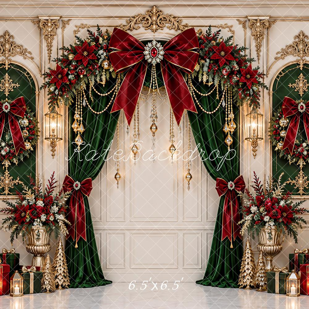 Kate Christmas Opulent Baroque Red Bow Arch Curtains Vintage Printed Backdrop Designed by Ashley Paul