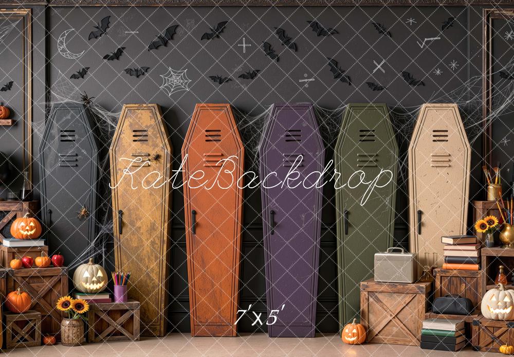 Kate Halloween Coffin Lockers Bats Pumpkin Vintage Black Wall Printed Backdrop Designed by Mini MakeBelieve