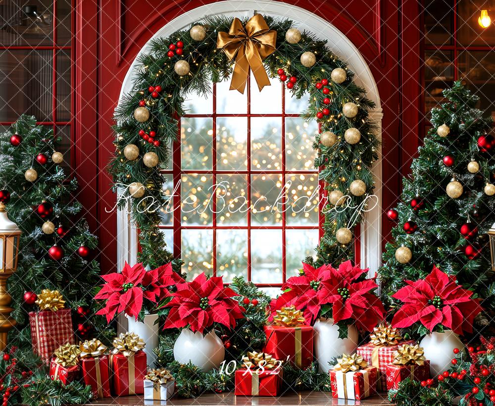 Kate Christmas Red Arch Window Garland Poinsettia Trees Backdrop Designed by Mini MakeBelieve