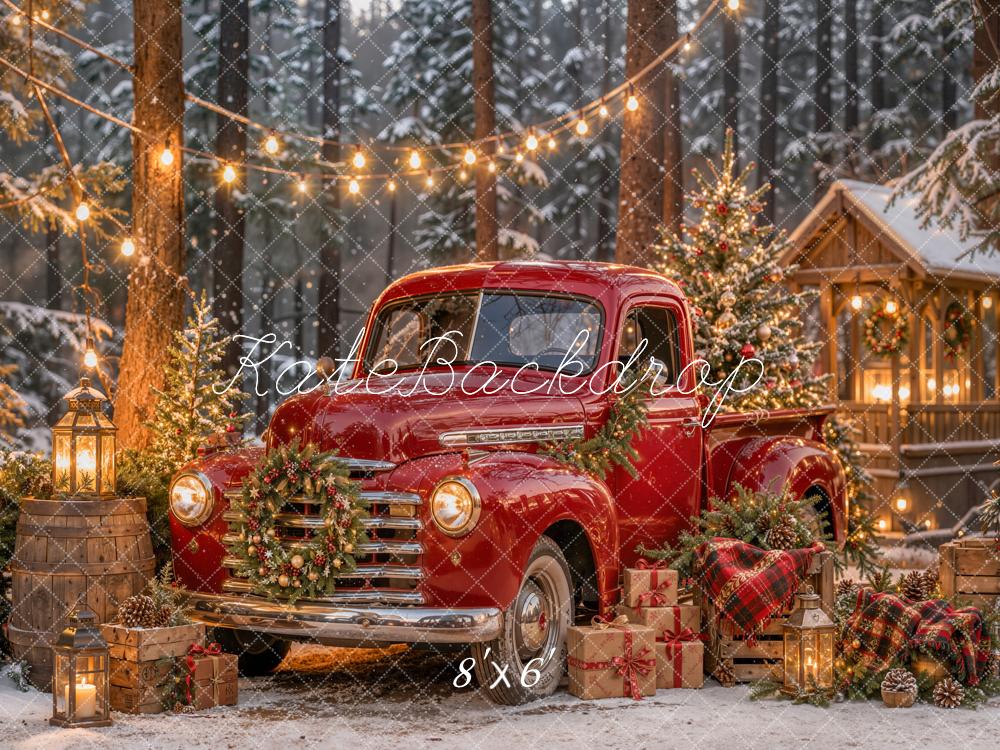 Lightning Deal Kate Christmas Truck Red Vintage Forest Lantern Gifts Cabin Printed Backdrop Designed by Emetselch