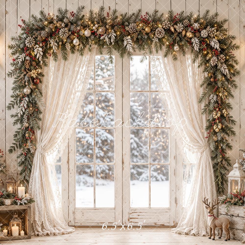 Kate Christmas Winter Window Garland Arch White Curtains Printed Backdrop Designed by Emetselch