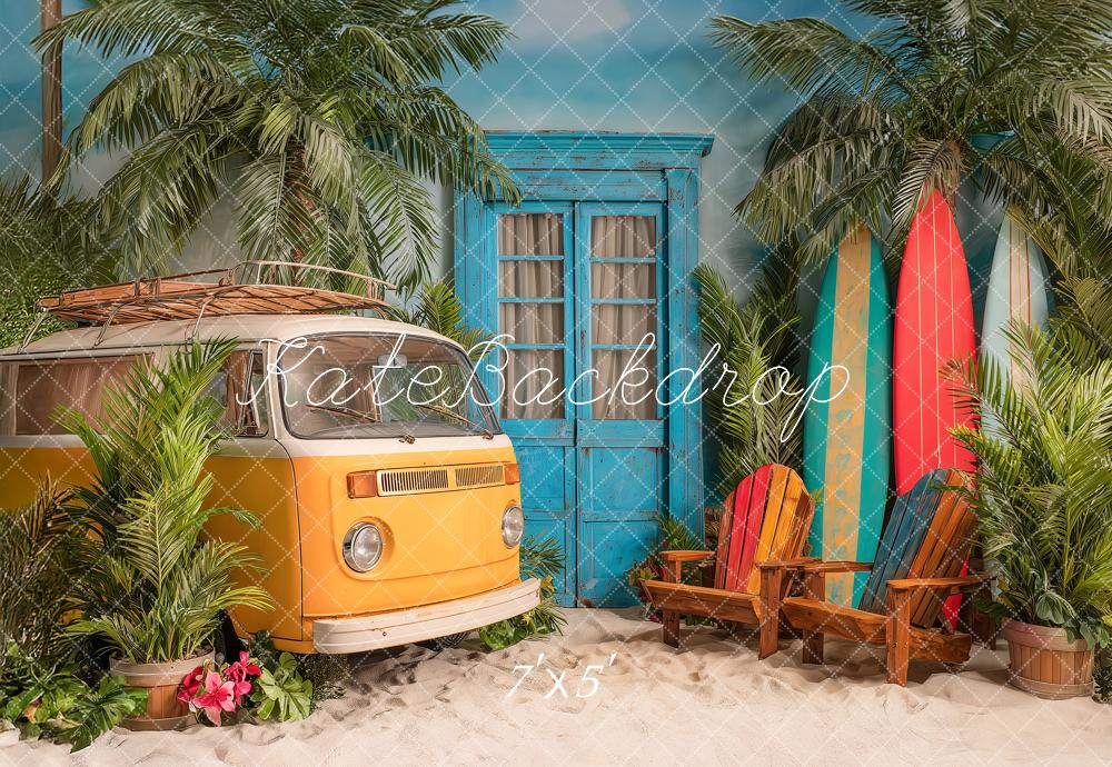 Kate Summer Van Surfboards Palm Trees Blue Door Printed Backdrop Designed by Angela Miller