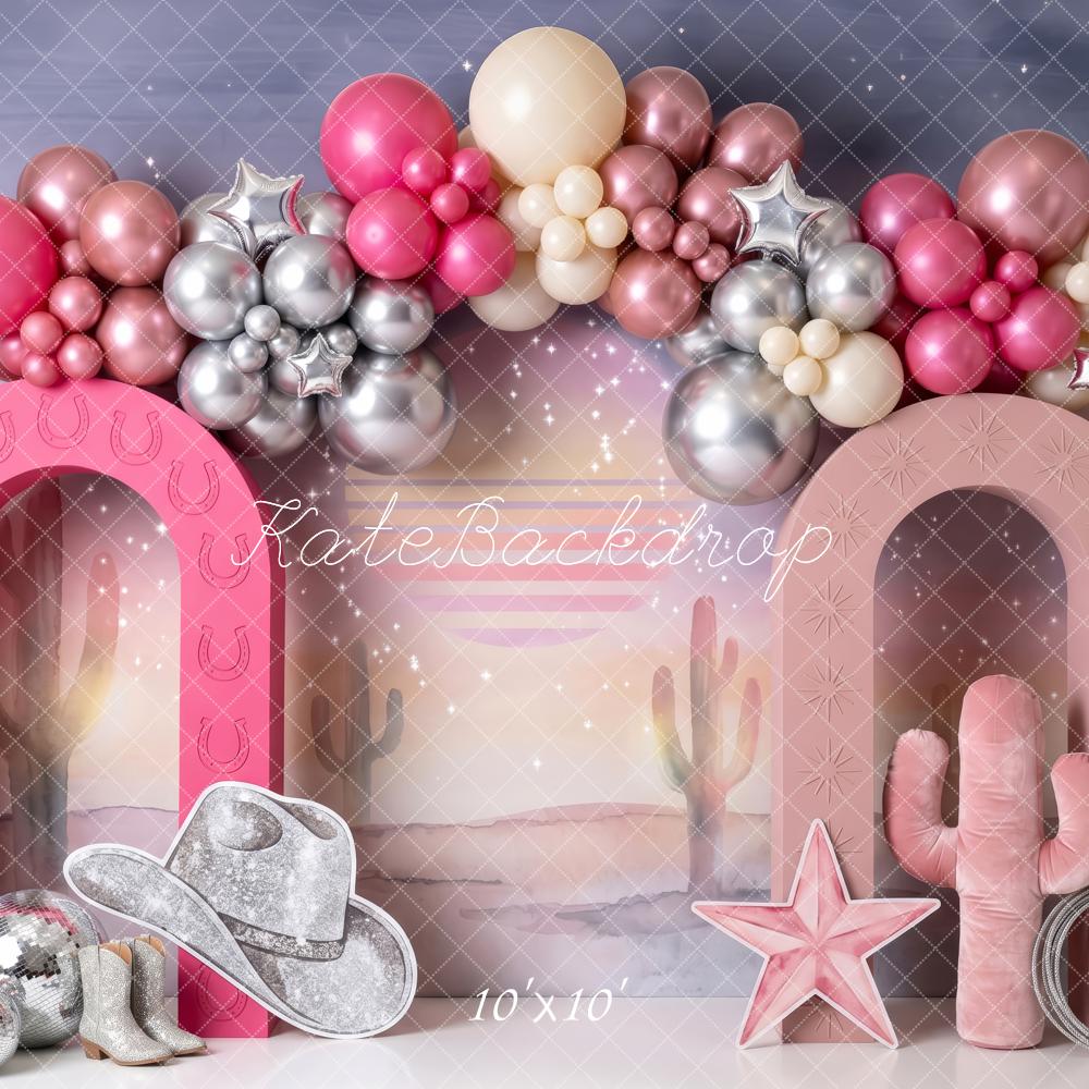 Kate Birthday Pink Western Cowgirl Balloon Arch Printed Backdrop Designed by Patty Roberts