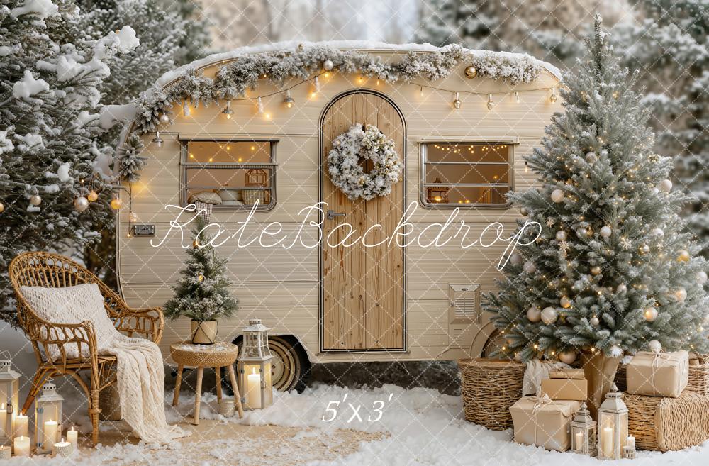 Kate Christmas Snowy Beige Camper Van Trees Lights Chair Printed Backdrop Designed by Emetselch