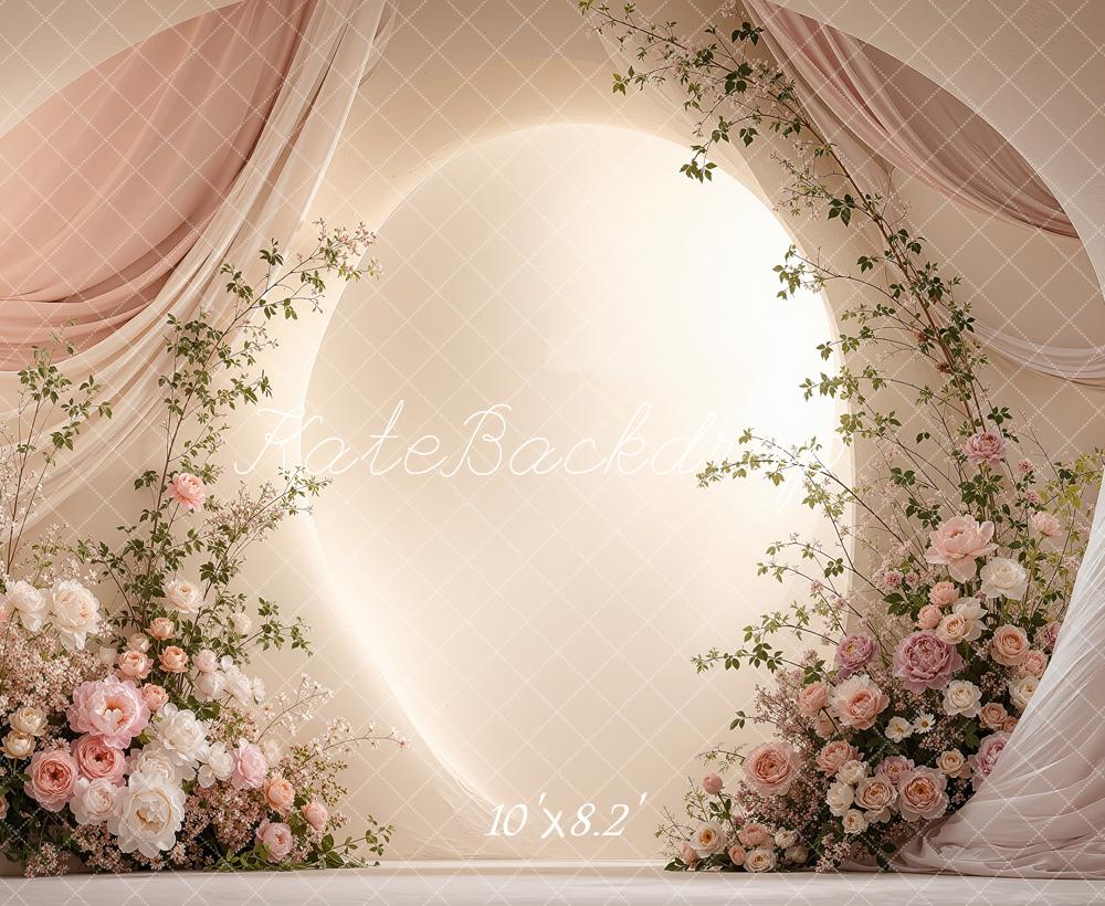 Kate Wedding Pink Flower Arch Draped Curtains Printed Backdrop Designed by Shutter Swan Studios
