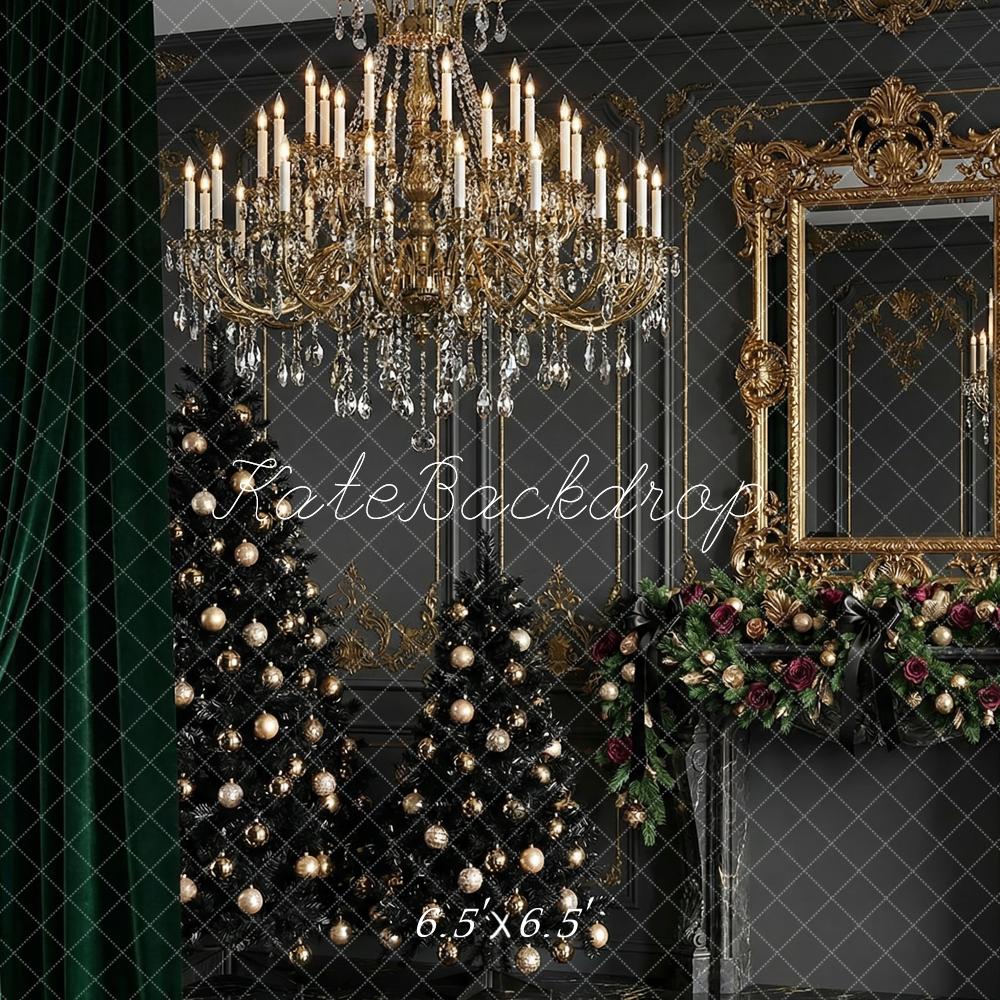 Kate Christmas Trees Luxury Gold Chandelier Garland Mirror Green Curtains Printed Backdrop Designed by Happy Squirrel Design