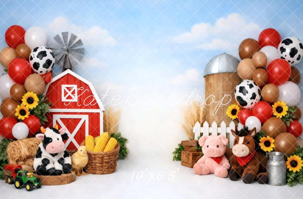 Kate Cake Smash Farm Barn Animals Balloons Sunflowers Printed Backdrop Designed by Vertigo Productions