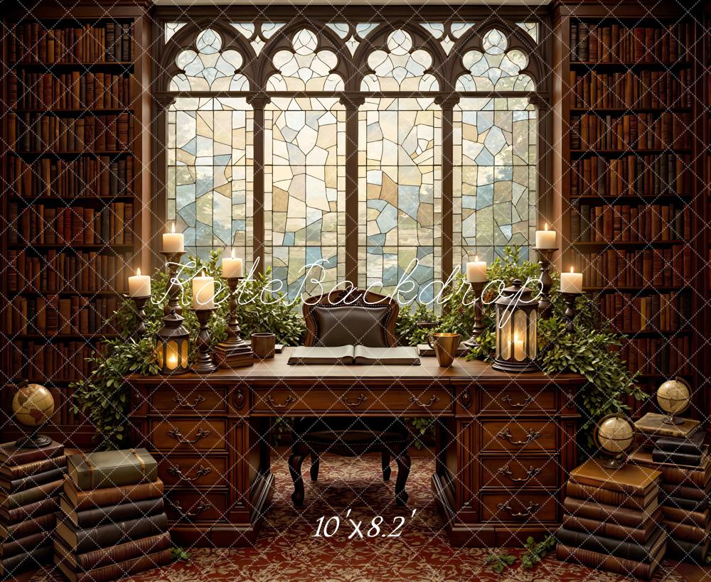 Kate Library Books Stained Glass Desk Globes Backdrop Designed by Mini MakeBelieve