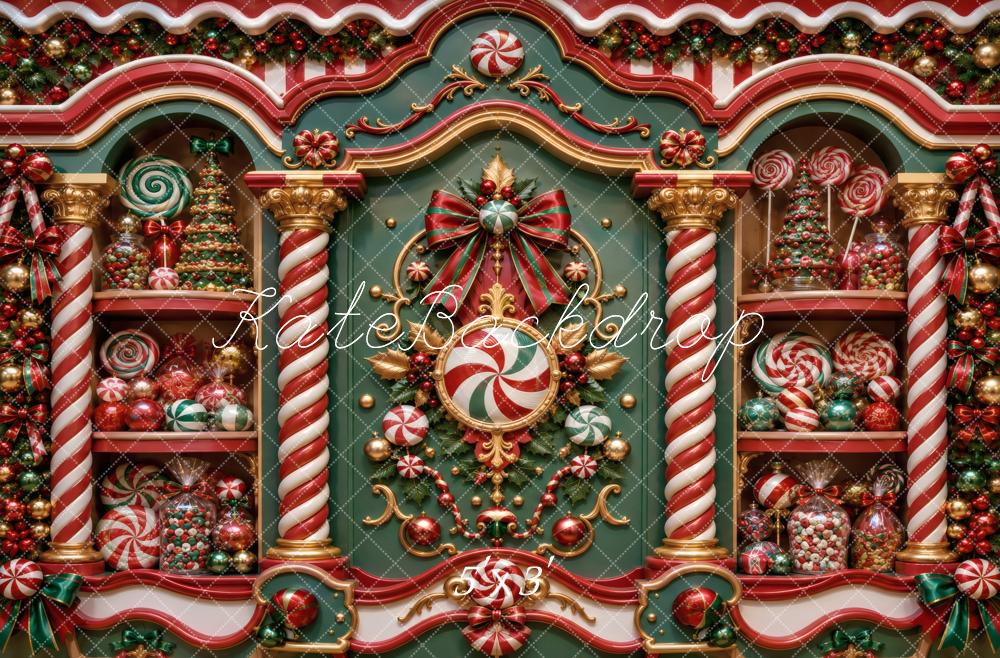 Kate Christmas Candy Peppermint Shop Green Red Printed Backdrop Designed by Vertigo Productions
