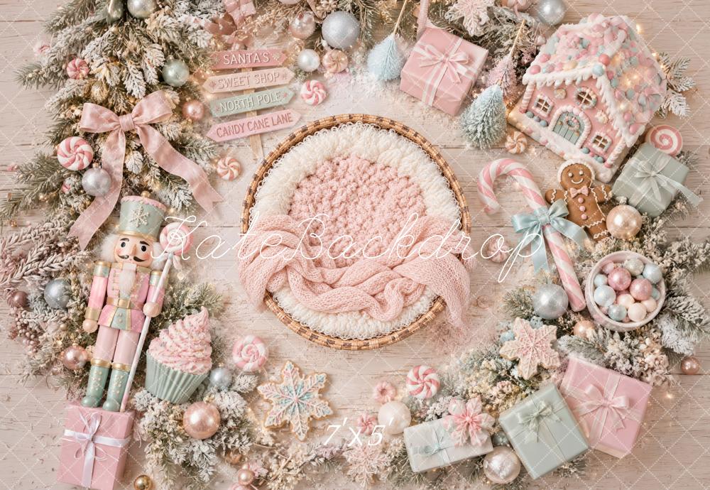 Kate Christmas Newborn Pink Pastel Candy Gingerbread Nutcracker Printed Backdrop Designed by Laura Bybee