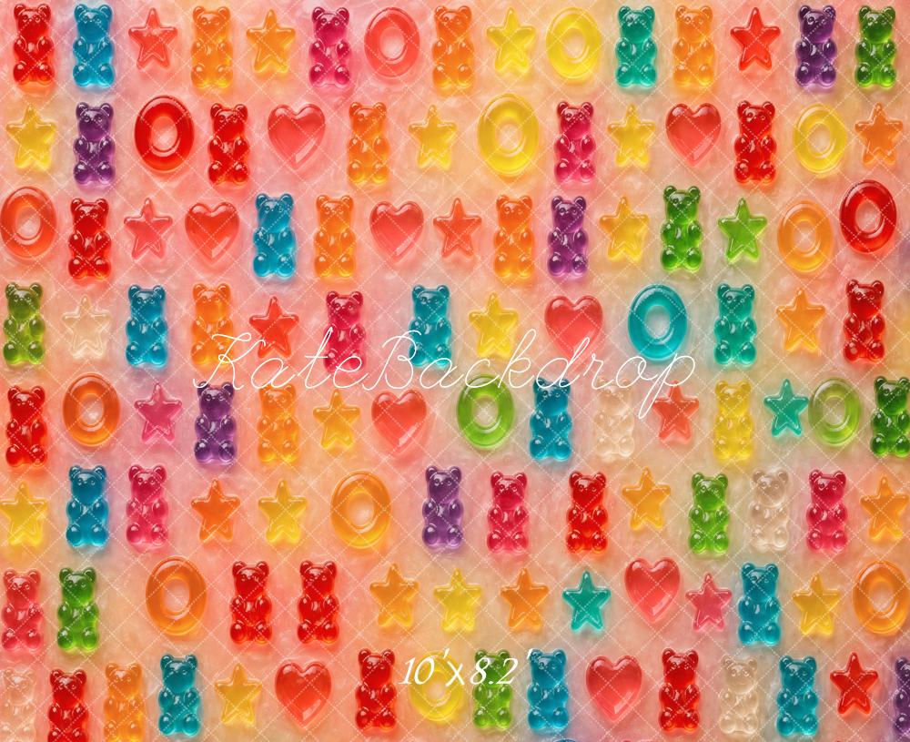 Kate Colorful Gummy Bears Hearts Stars Rings Pattern Printed Backdrop Designed by Vertigo Productions