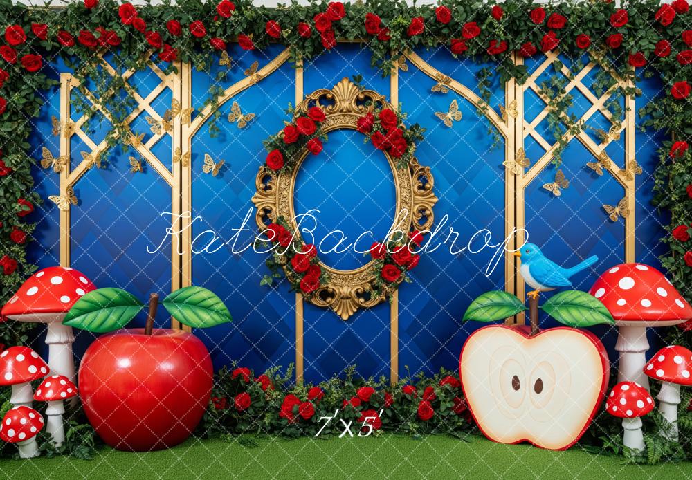 Kate Cake Smash Blue Lattice Red Roses Apples Mushrooms Gold Frame Backdrop Designed by Patty Roberts
