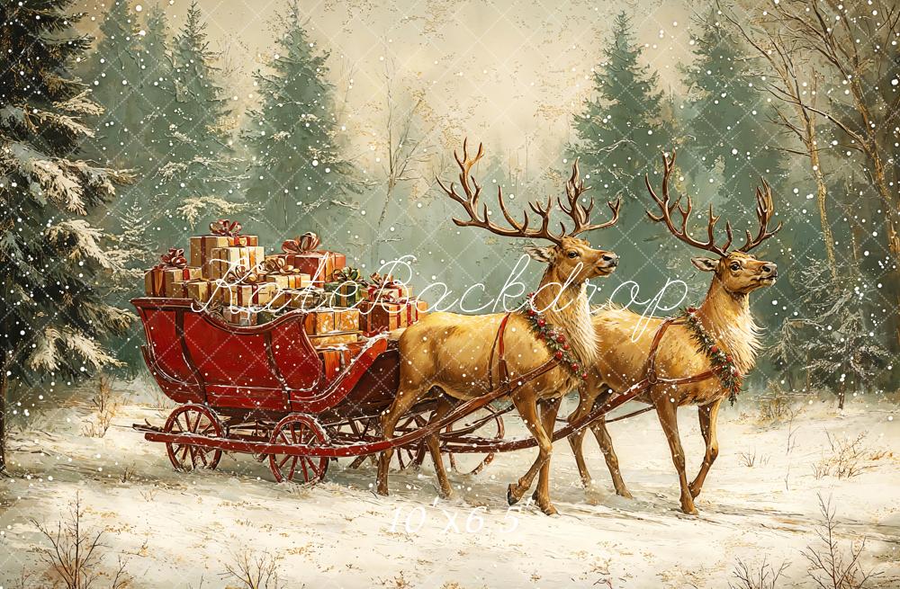 Kate Christmas Reindeer Sleigh Forest Snowy Backdrop Designed by Emetselch