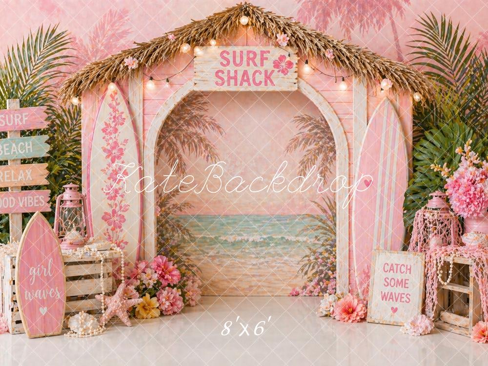 Kate Summer Beach Arch Pink Surfboards Flowers Printed Backdrop Designed by Caitlin Lynch