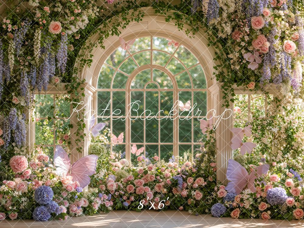 Kate Spring Flower Arched Window Garden Butterflies Greenery Printed Backdrop Designed by Emetselch