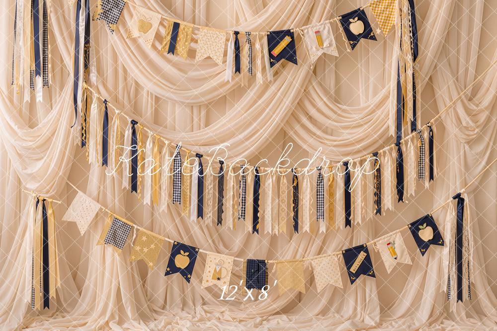 Kate Back to School Apple Pencil Banner Draped Fabric Printed Backdrop Designed by Emetselch