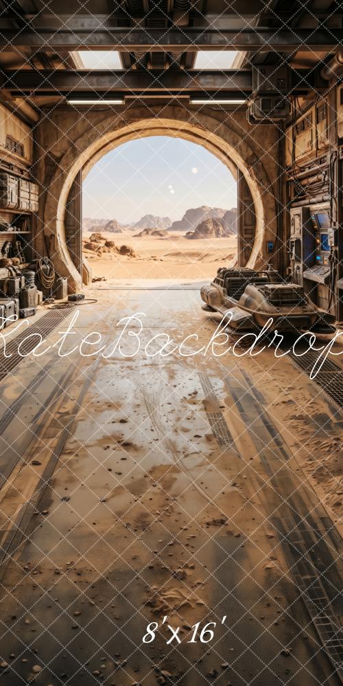 Kate Sweep Sci Fi Spaceship Garage Desert Landscape Printed Backdrop Designed by Patty Roberts