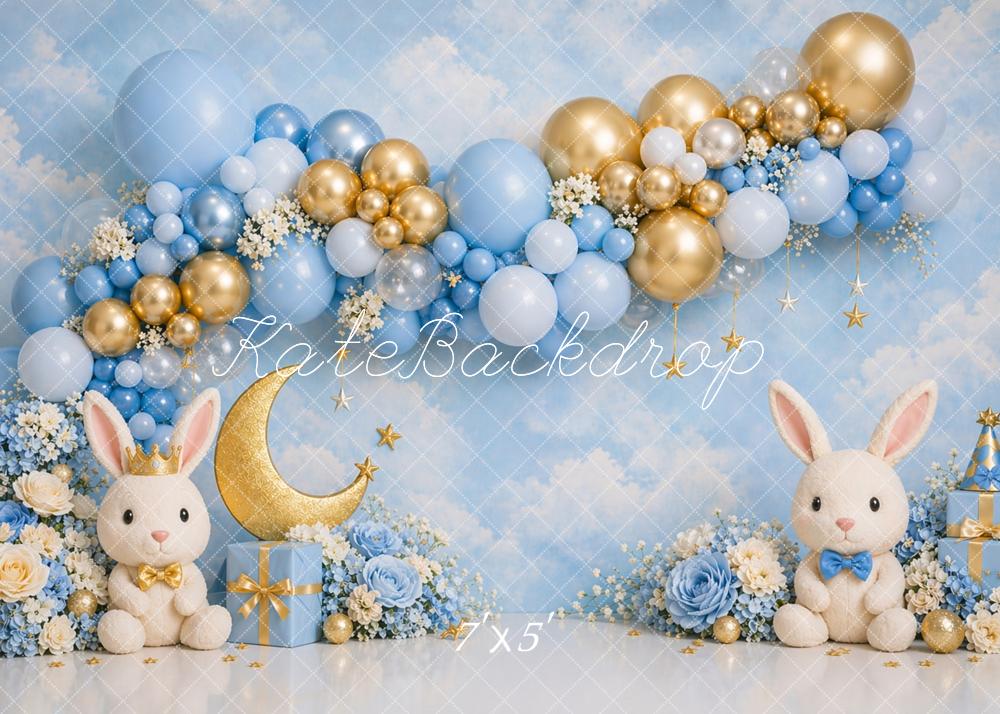 Kate Cake Smash Blue Bunny Balloon Arch Moon Stars Printed Backdrop Designed by Caitlin Lynch