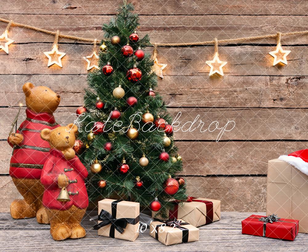 Kate Christmas Tree Bears Presents Rustic Wood Stars Printed Backdrop Designed by Fantasyphotoart