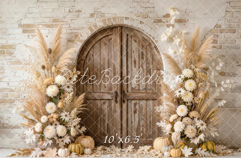 Kate Fall Arched Wooden Door Pumpkin Flower Pampas Grass Printed Backdrop Designed by Emetselch