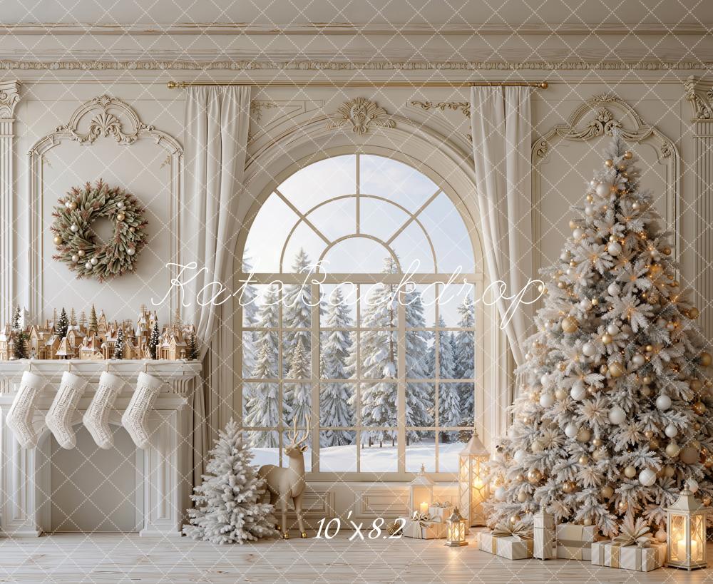 Kate Christmas Tree Ivory Fireplace Arched Window Snow Printed Backdrop Designed by Emetselch