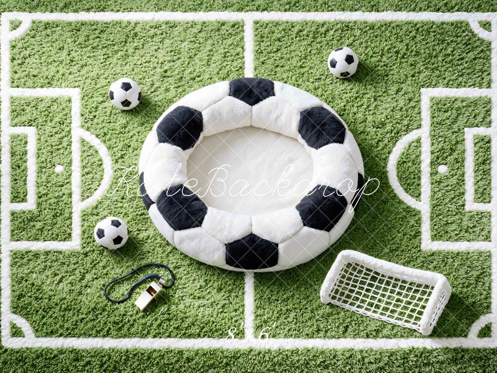 Kate Newborn Soccer Field Green Grass Soccer Ball Goal Printed Backdrop Designed by Mini MakeBelieve